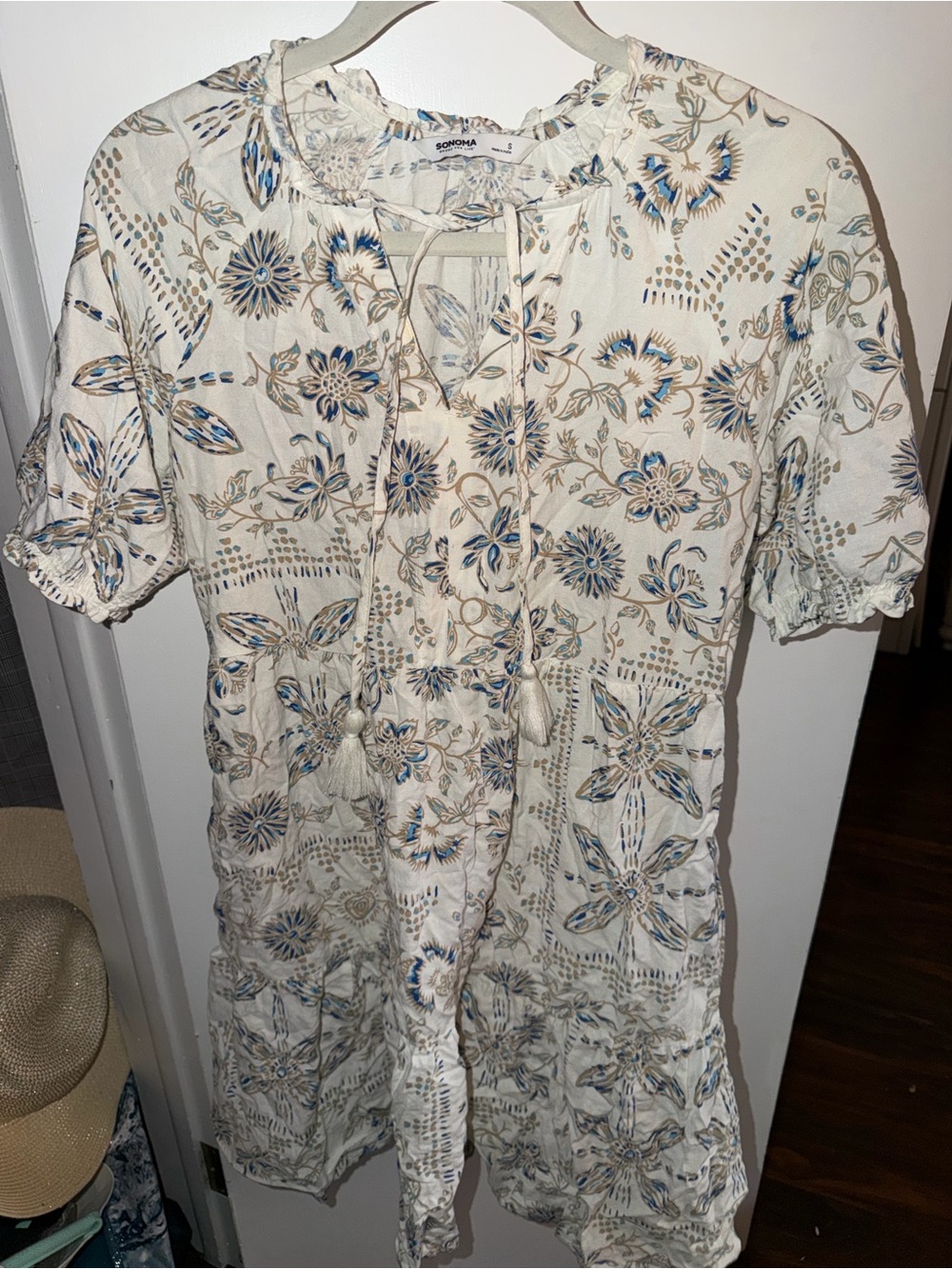 Sonoma Cream Dress with Blue and Tan Floral Print and Tassel Tie